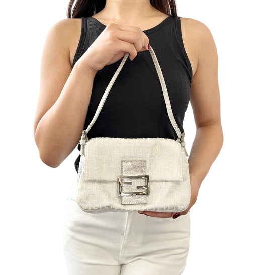 FENDI Vintage FF Zucchino Mini Mamma Baguette Shoulder Bag White Silver 902293