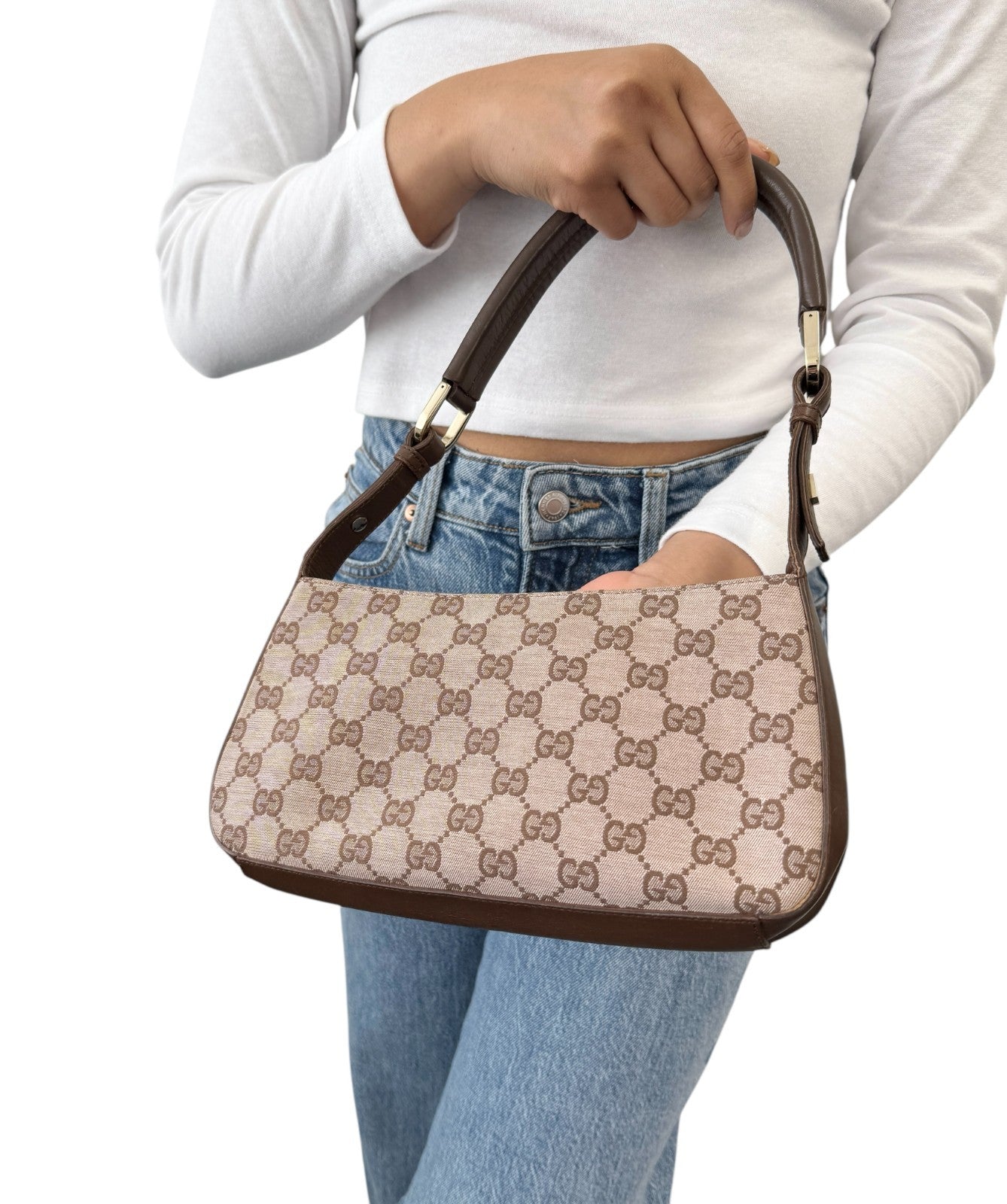 GUCCI Vintage GG Monogram Logo Canvas Shoulder Bag Leather Brown Gold 902399