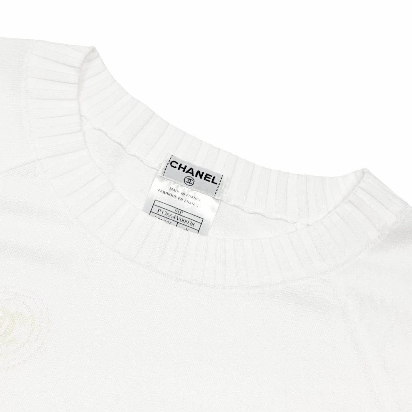 CHANEL Vintage 01P CC Logo Stamp Knit Sweater Top #46 White Pullover  902032