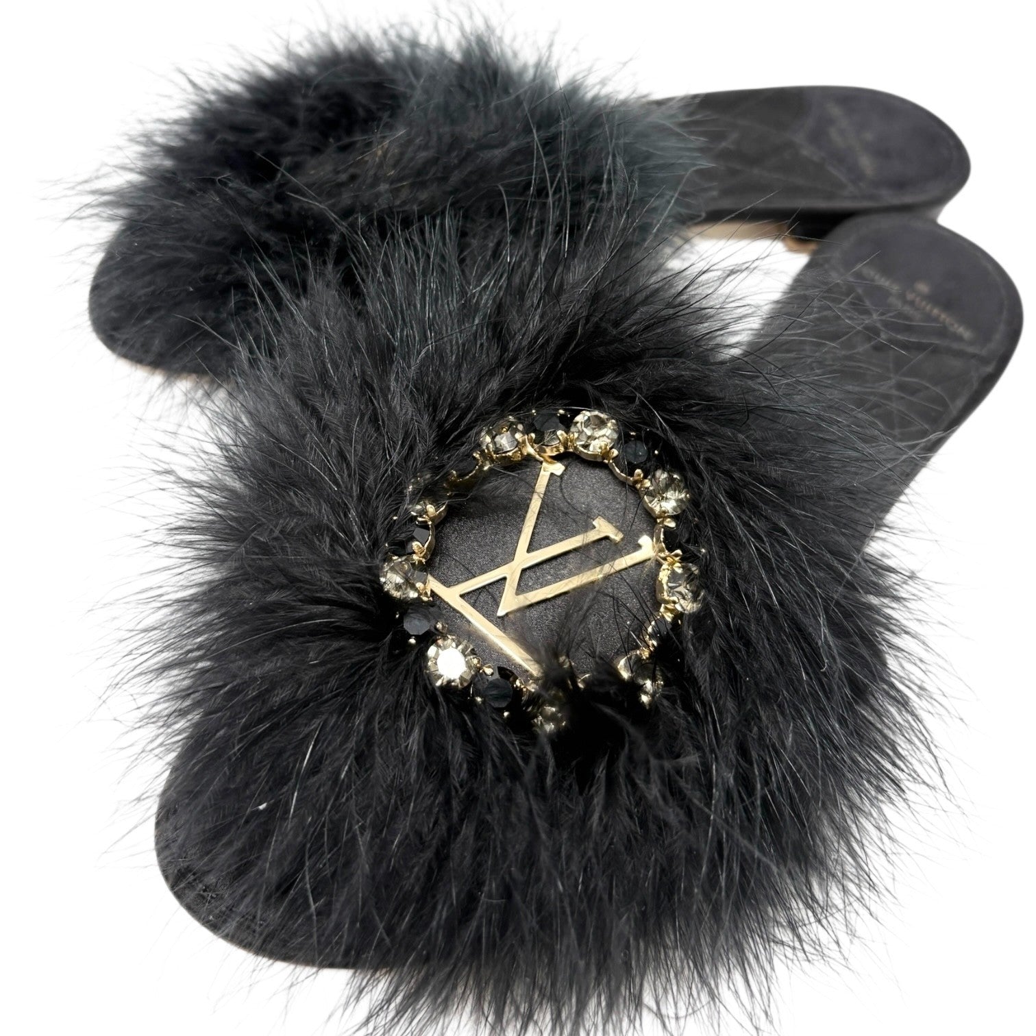 LOUIS VUITTON Vintage LV Logo Fur Flat Sandals #38 Rhinestone Black Gold Suede