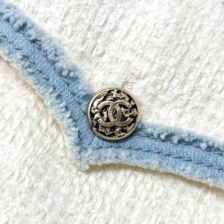 CHANEL Vintage 07P CC Logo Tweed Long Jacket Trim Denim #42 Blue White Button