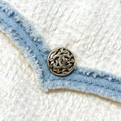 CHANEL Vintage 07P CC Logo Tweed Long Jacket Trim Denim #42 Blue White Button