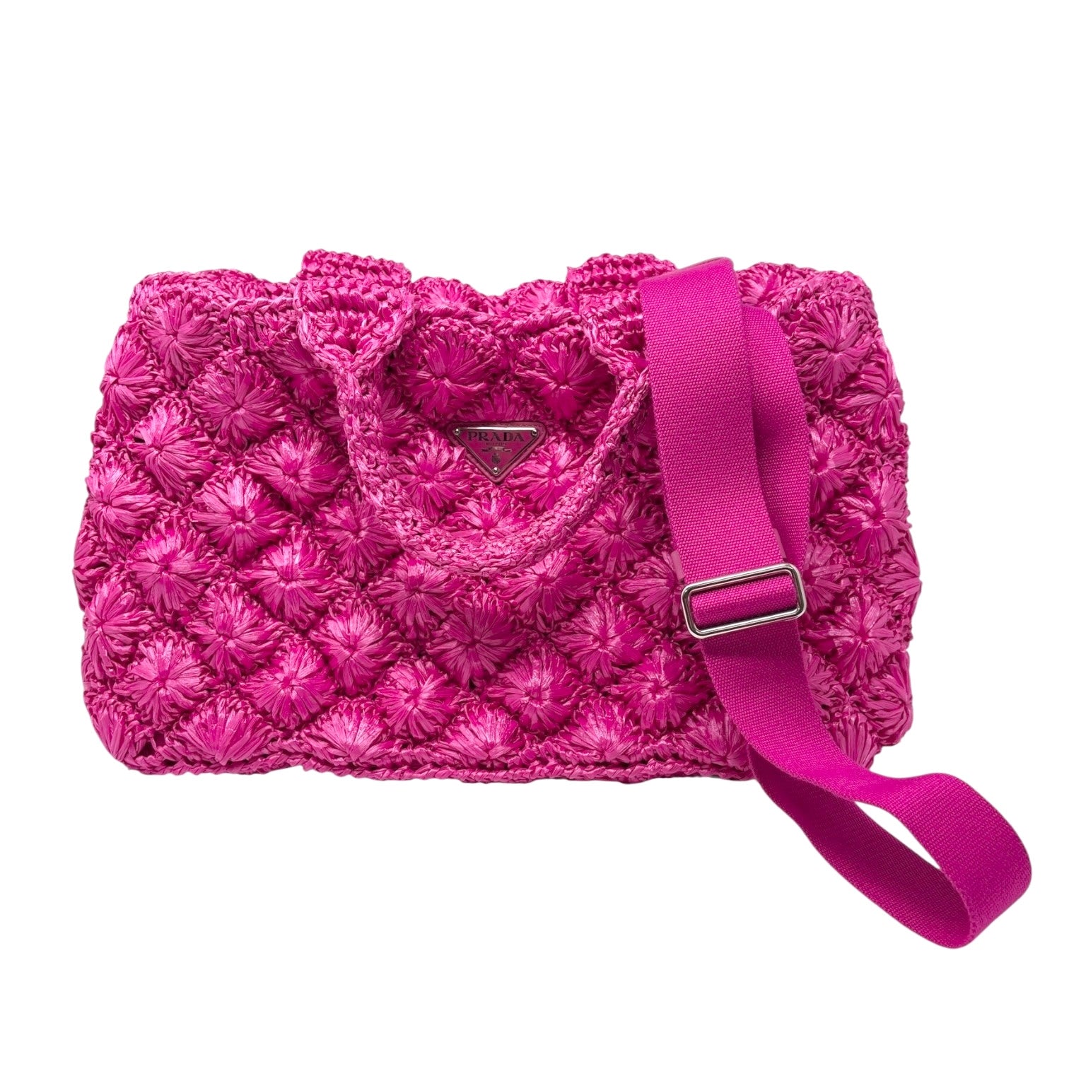 PRADA Vintage Triangle Logo Canapa Tote Bag Handbag Pink Raffia