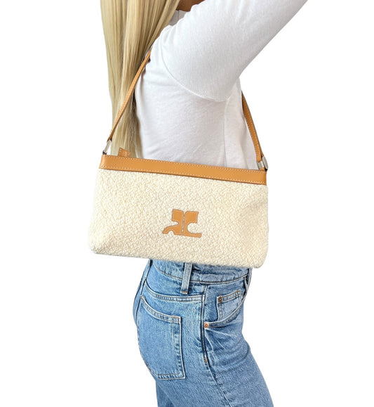 Courreges Vintage Logo Stitch Shoulder Bag Cream Brown Acrylic Leather Rank AB