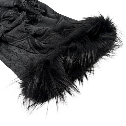 GUCCI Vintage GG Logo Monogram Fox Fur Shawl Scarf Wrap Gray Black Wool 902495