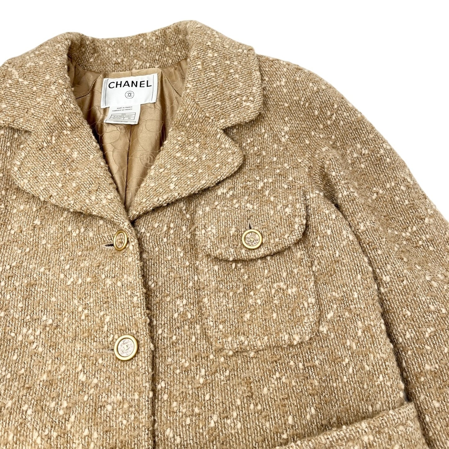 CHANEL Vintage 01A CC Logo Tweed Alpaca Blazer Coat Jacket #38 Light Brown