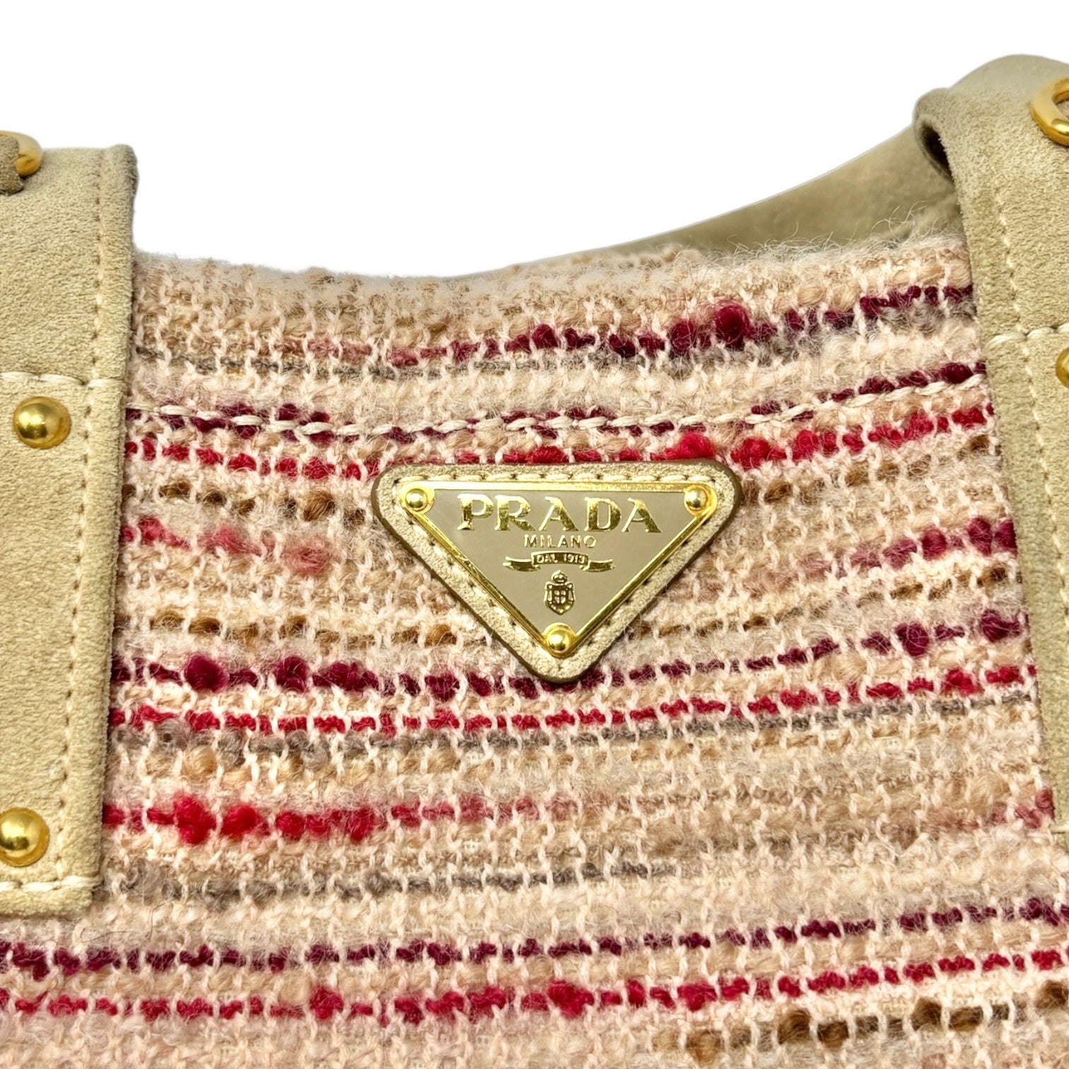 PRADA Vintage Logo Tweed 2way Tote Bag Crossbody Pink Cream Gold Wool Suede