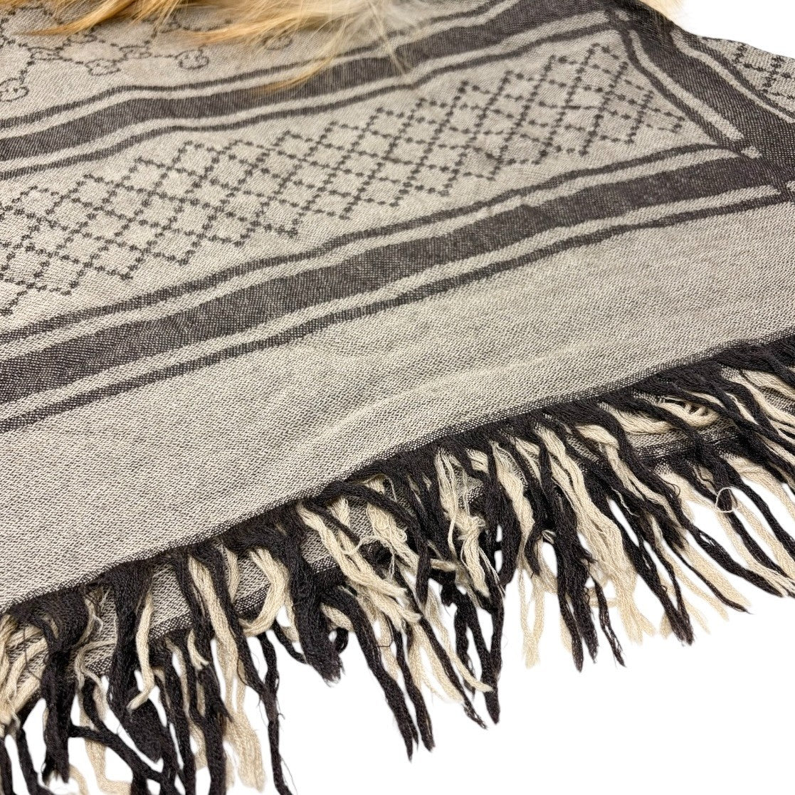 GUCCI Vintage GG Logo Monogram Fox Fur Shawl Scarf Wrap Brown Gray Wool 902011