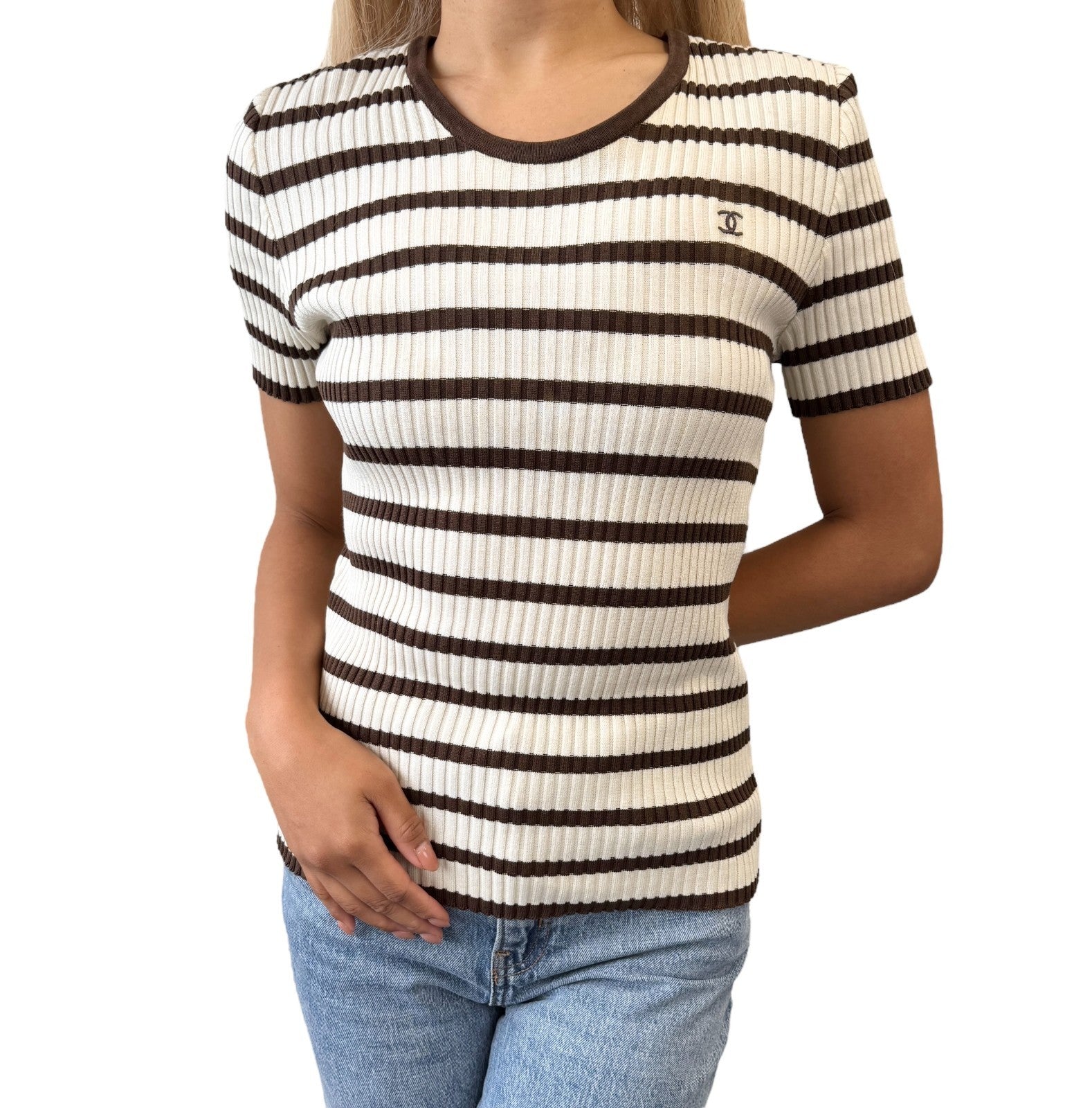 CHANEL Vintage 98P CC Mark Logo Striped Ribbed Knit Top #40 Brown White Cotton