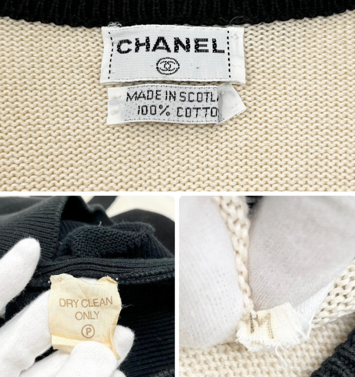 CHANEL Vintage CC Logo Cardigan Bi-color Sweater #M Button Cream Black Cotton