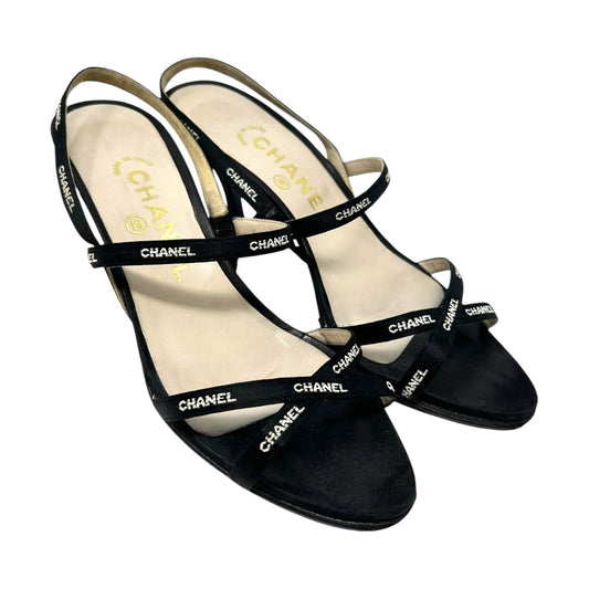 CHANEL Vintage 96C Logo Satin Ribbon Sandals Heels #36 Black White Satin Strap