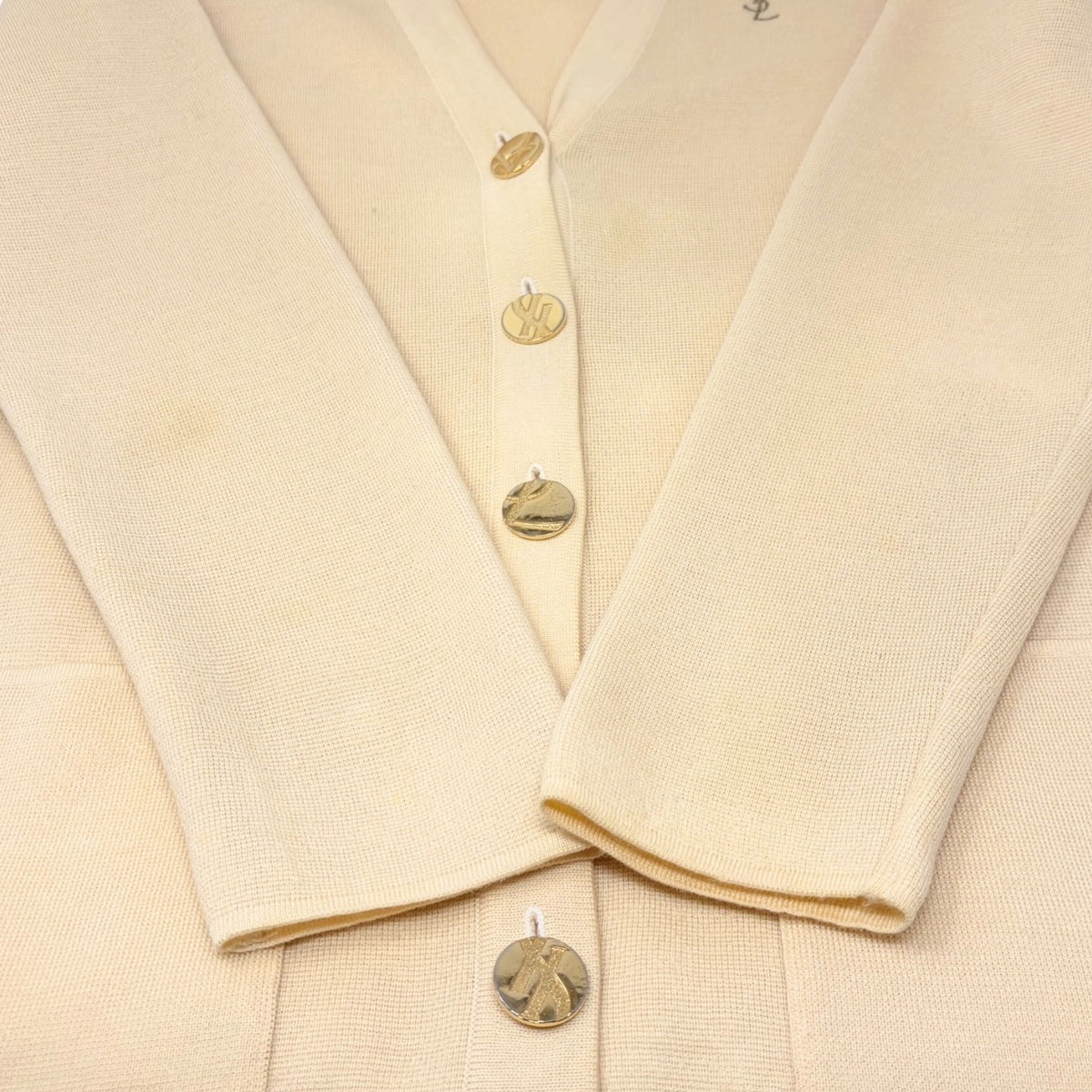 Yves Saint Laurent Vintage YSL Logo Cardigan Sweater Top Cream Gold 902375
