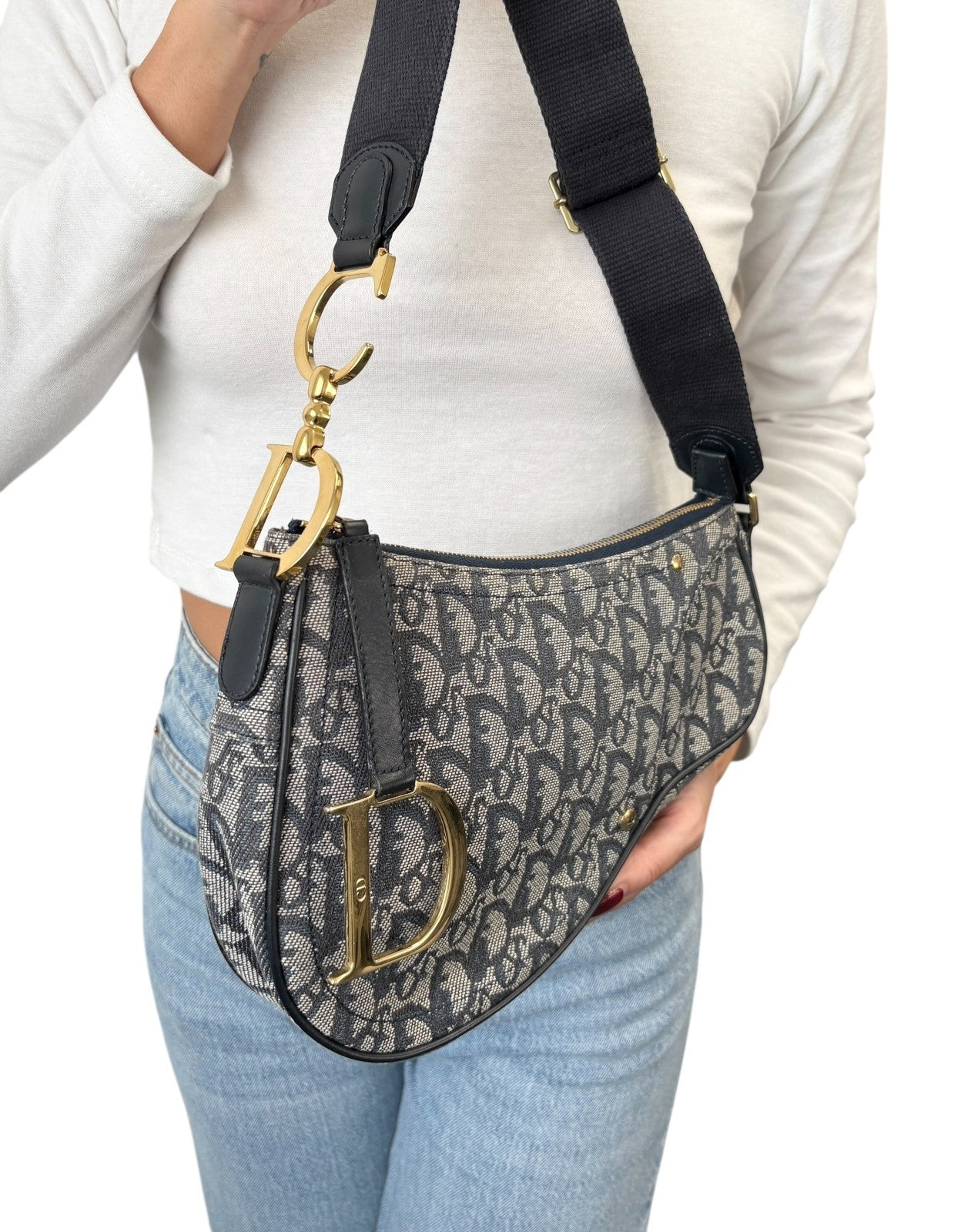 Christian Dior Vintage 2004 Trotter Monogram Saddle Bag Dark Blue Gold Canvas