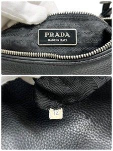 PRADA Vintage Logo Shoulder Bag Handbag Zip Stitch Black Silver Leather