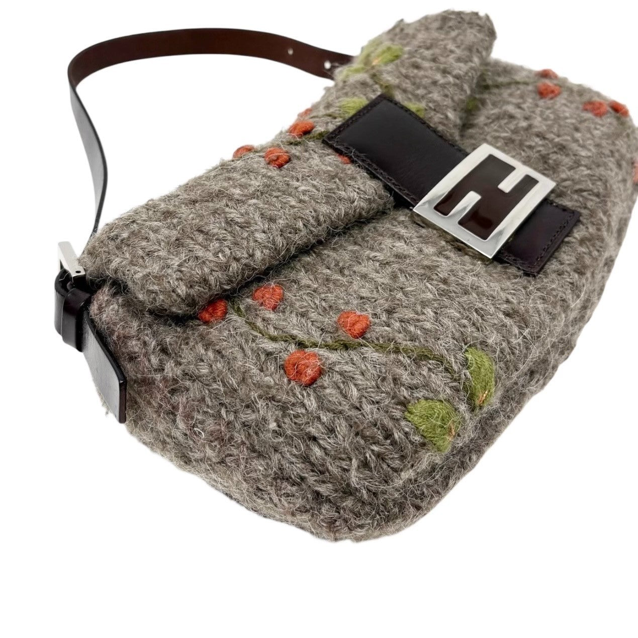 FENDI Vintage FF Mamma Baguette Wool Knit Shoulder Bag Gray Brown Flower