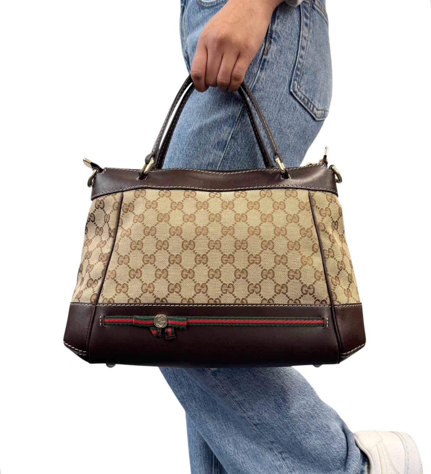 GUCCI Vintage GG Monogram Web Stripe 2way Shoulder Bag Beige Brown Ribbon