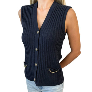 CELINE Vintage Macadam Logo Button Vest #38 Top Dark Blue Gold Wool Rank AB