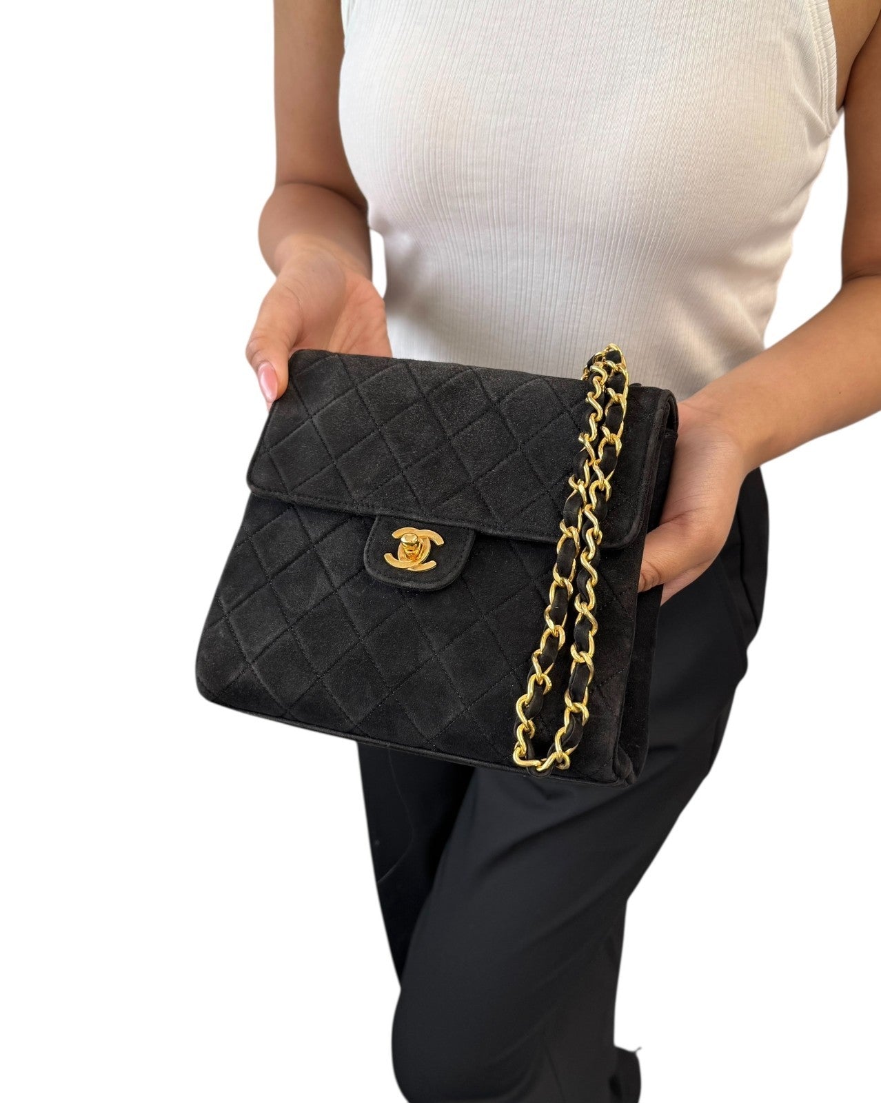 CHANEL Vintage CC Quilted Chain Crossbody Shoulder Bag Black Gold Suede 902220