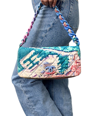CHANEL Vintage CC Quilted Watercolor Flap Chain Shoulder Bag Blue Canvas 902907