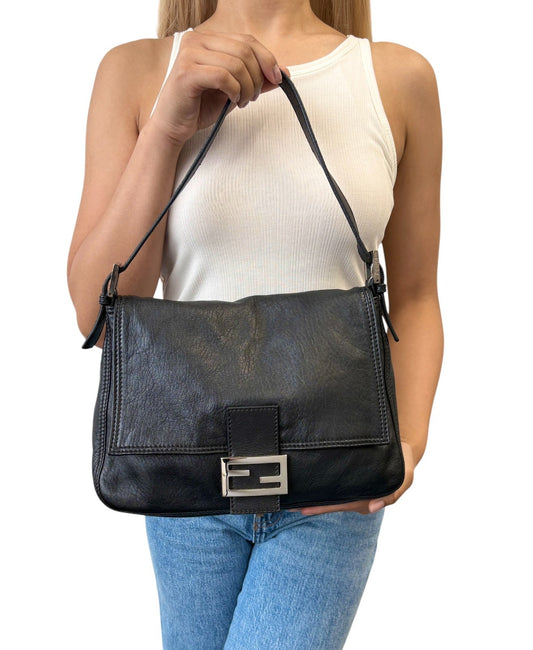 FENDI Vintage FF Logo Mamma Baguette Shoulder Bag Black Leather Silver