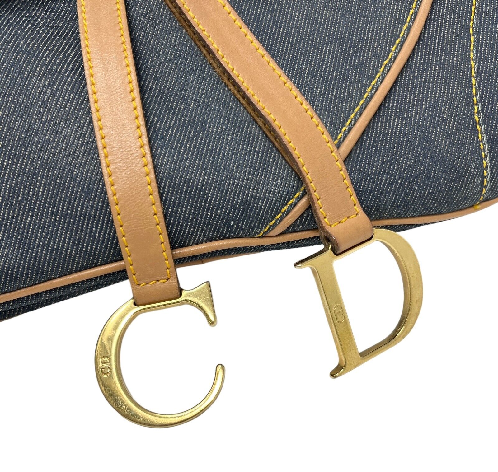 Christian Dior Vintage Double Saddle Bag Denim Dark Blue Brown Cotton Rank AB