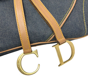 Christian Dior Vintage Double Saddle Bag Denim Dark Blue Brown Cotton Rank AB