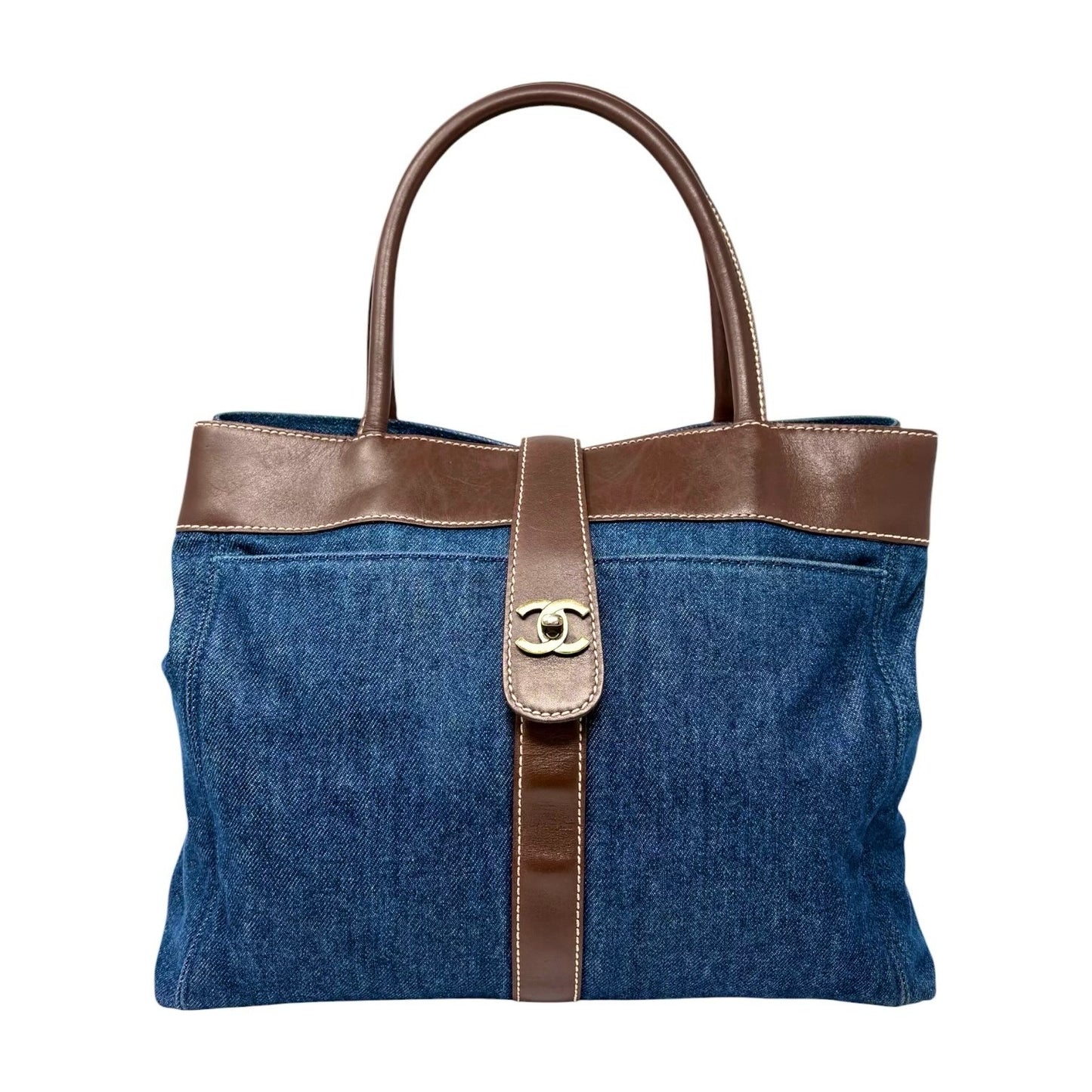 CHANEL Vintage CC Logo Denim Turnlock Tote Shoulder Bag Blue Brown Leather