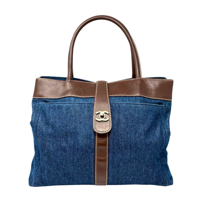 CHANEL Vintage CC Logo Denim Turnlock Tote Shoulder Bag Blue Brown Leather