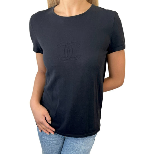 CHANEL Vintage 05C CC Logo Knit Top T-shirt #36 Black Cotton 902017
