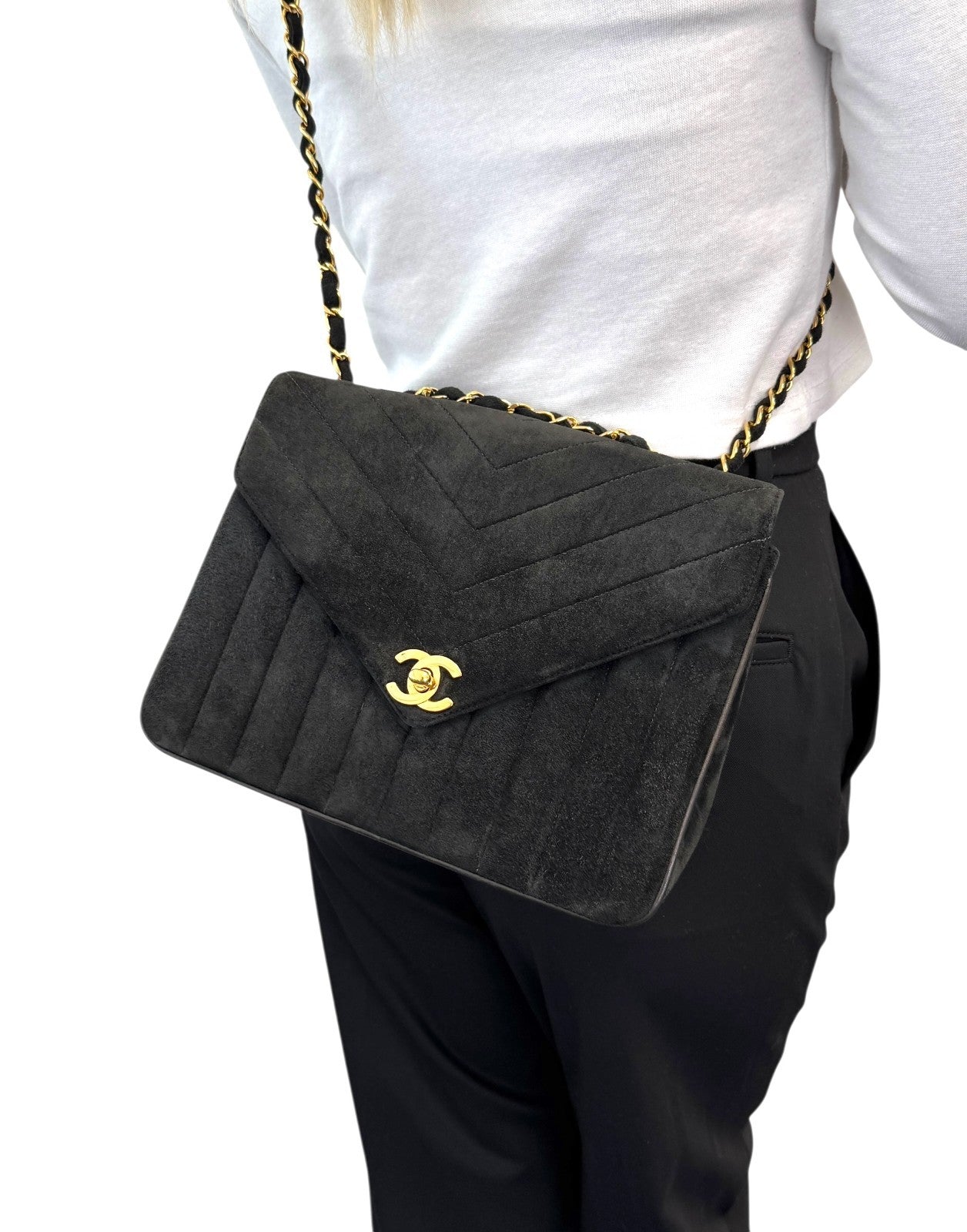 CHANEL Vintage CC Mark Logo Suede Crossbody Shoulder Bag Chain Black Gold