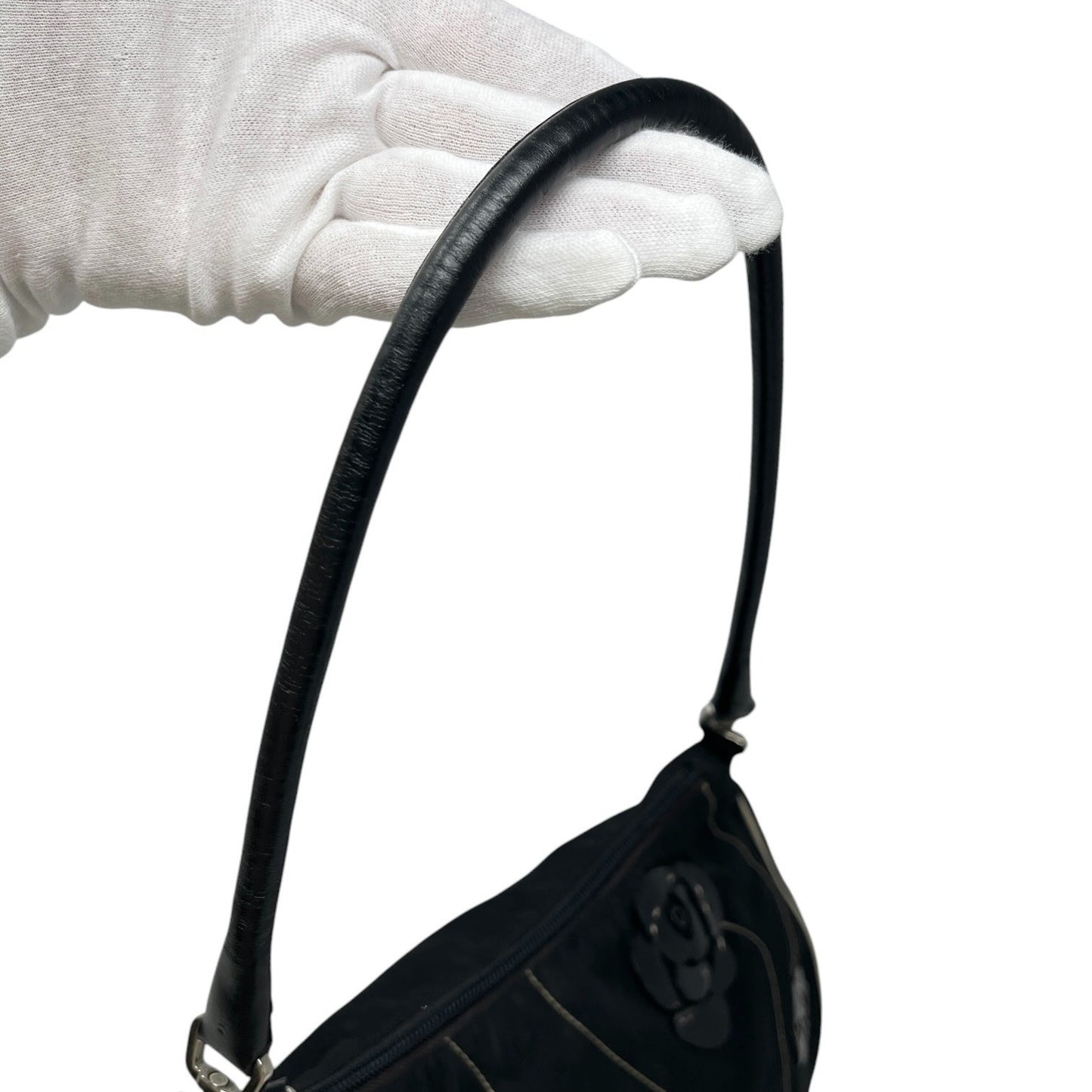 PRADA Vintage Triangle Logo Rose Flower Shoulder Bag Black Nylon Zip 902681