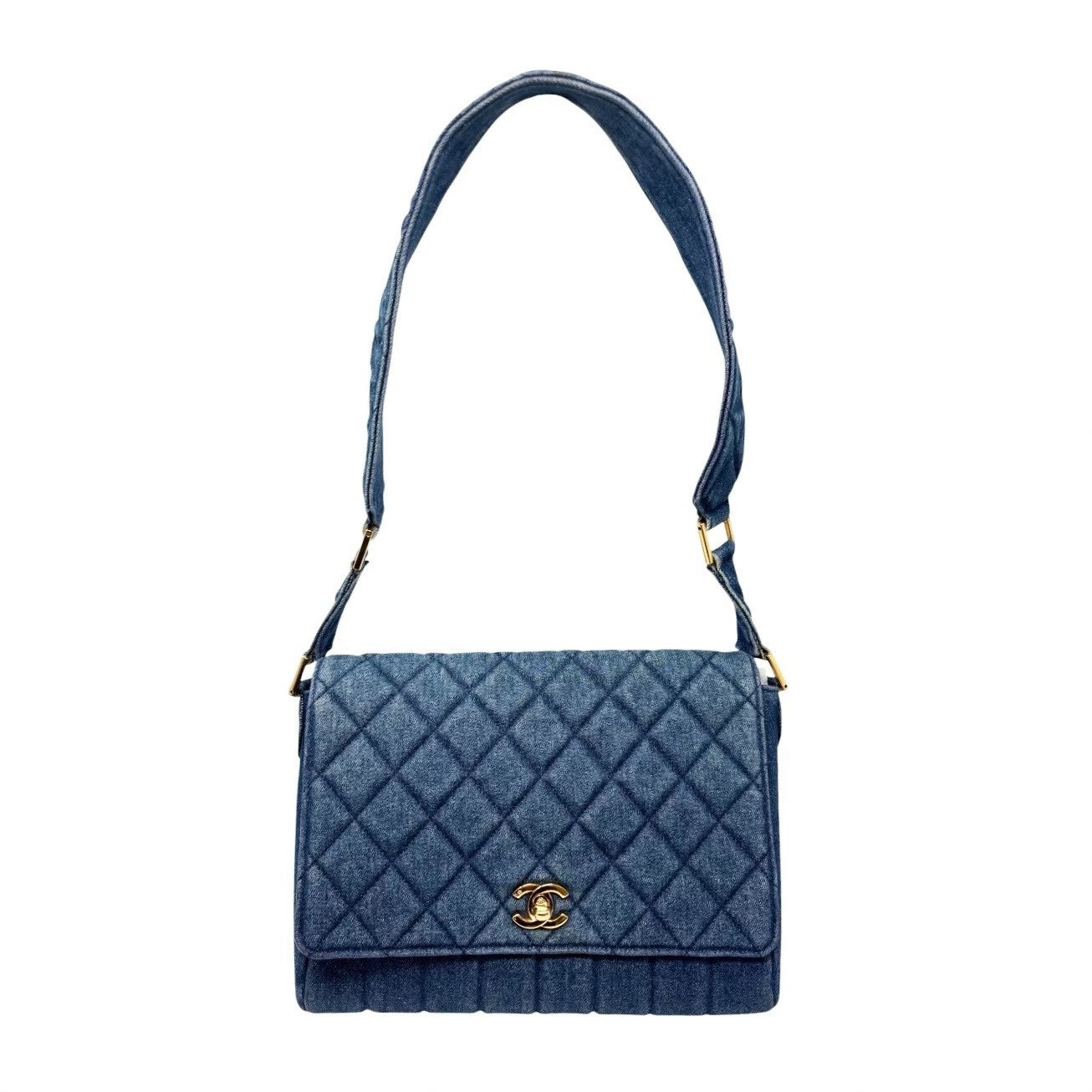 CHANEL Vintage CC Logo Quilted Denim Flap Shoulder Bag Blue Gold 901873