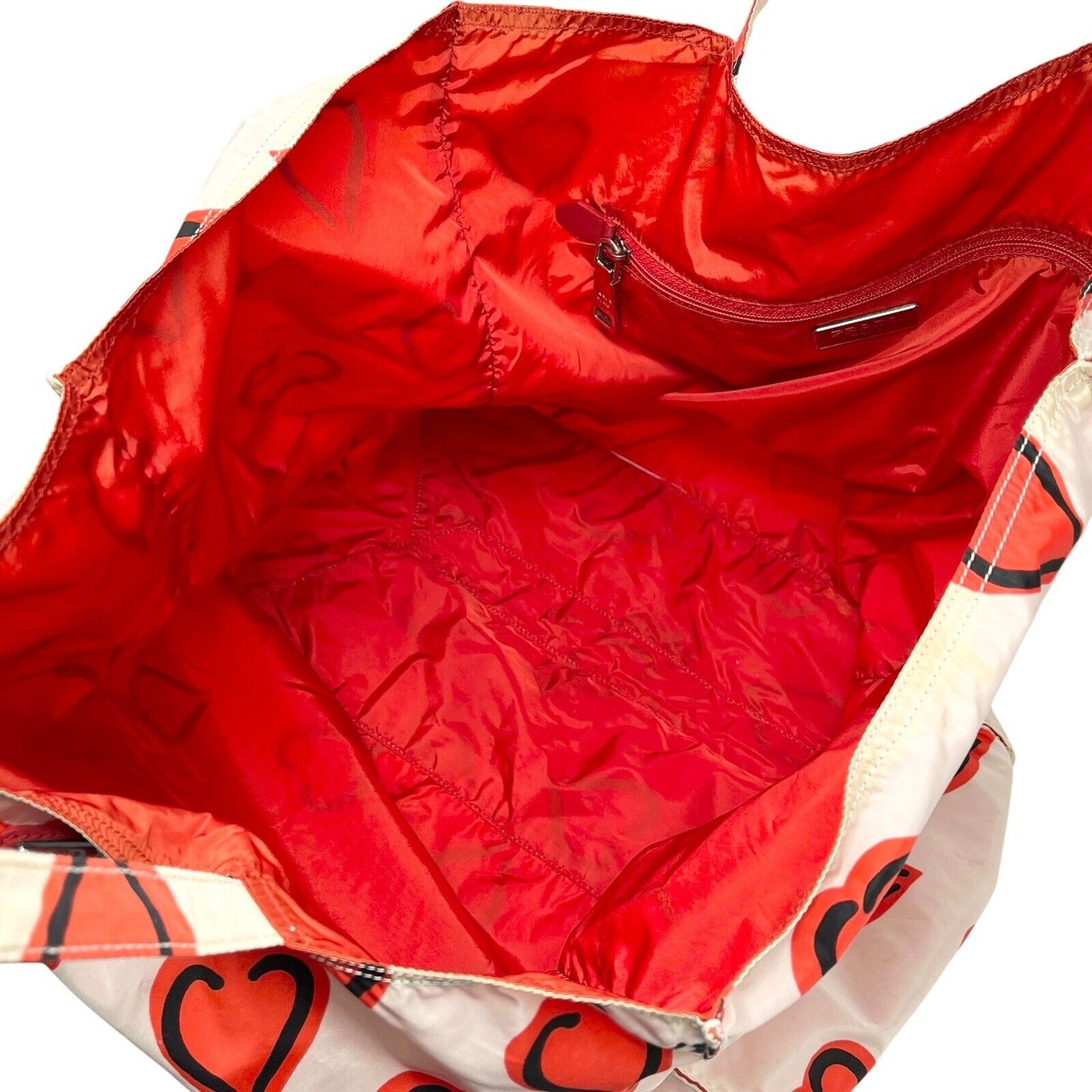 PRADA Vintage Logo Heart Pattern Tote Bag Handbag White Red Black Silver Nylon
