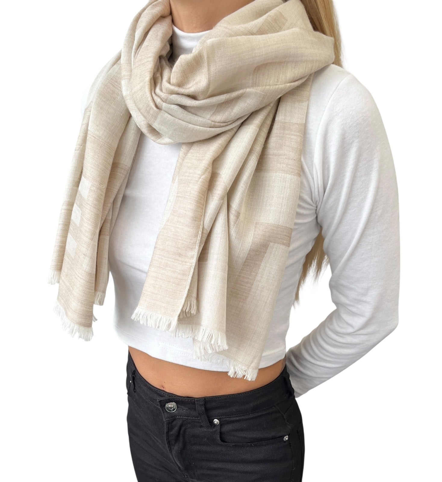 CHANEL Vintage CC Logo Scarf Wrap Shawl Fringe Accessory Beige Silk Cashmere