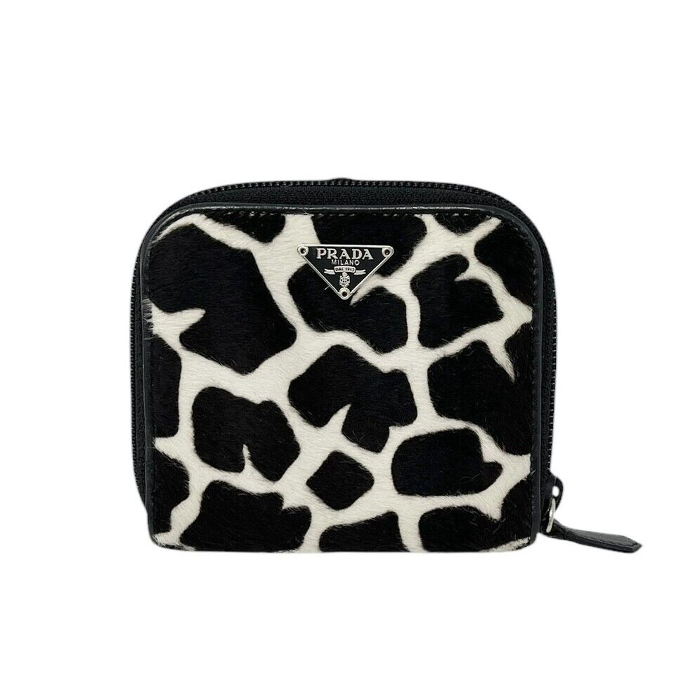 PRADA Vintage Logo Animal Print Giraffe Wallet Purse Black White Calf Hair Zip