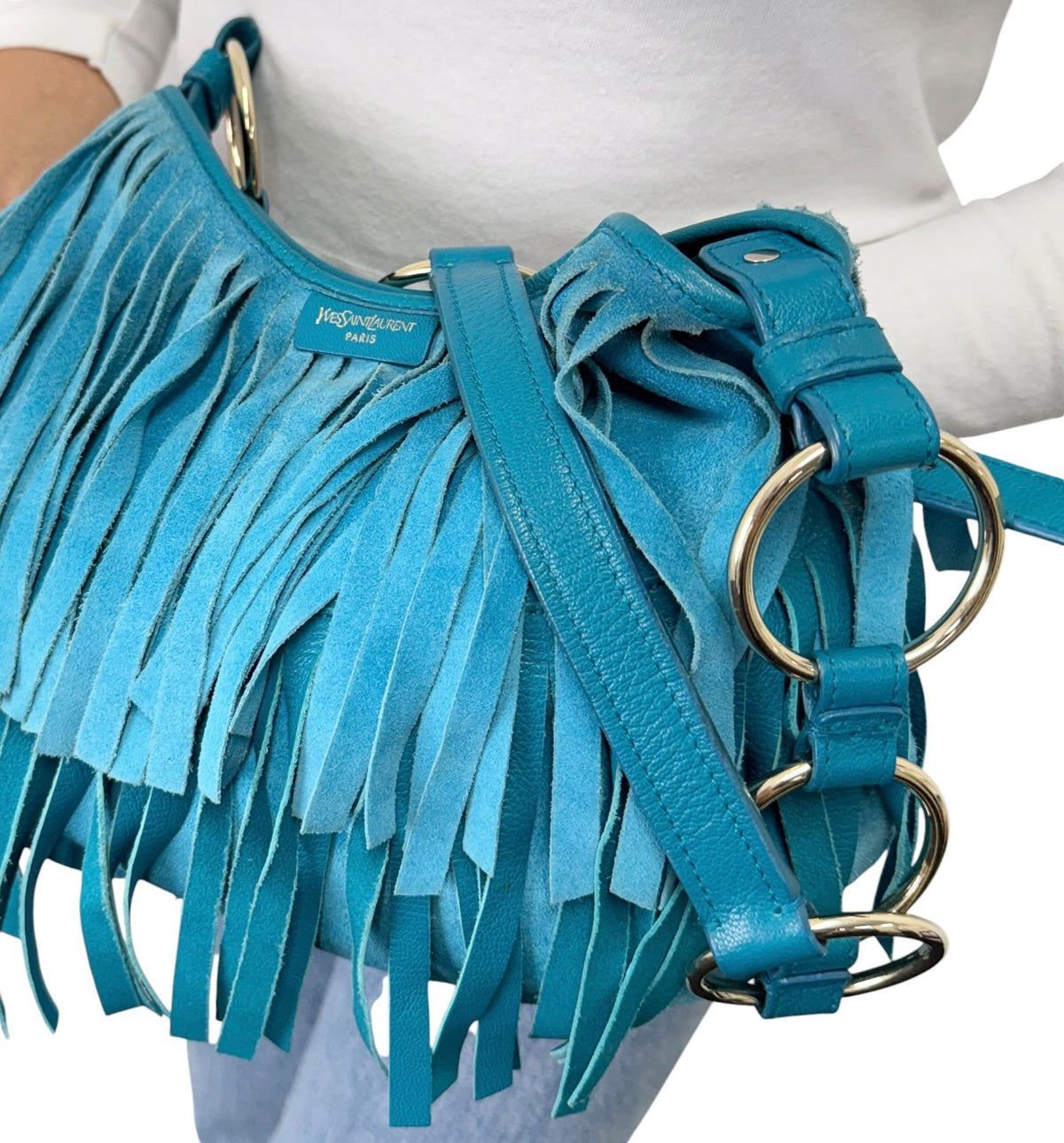 Yves Saint Laurent Vintage Rive Gauche Fringe Boheme Shoulder Bag Blue 902913