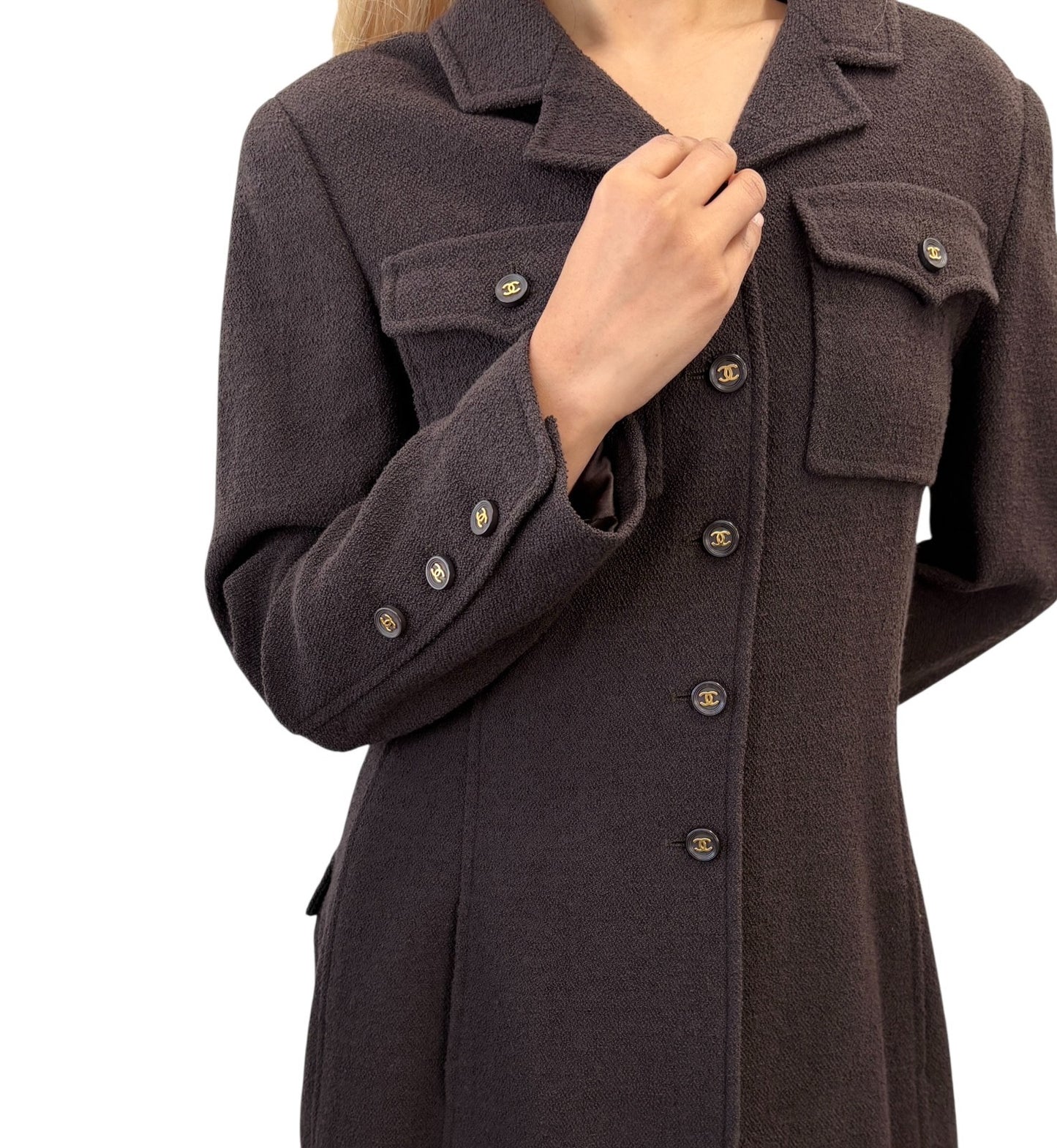 CHANEL Vintage 95A Tweed Suits Jacket Skirt #40 Wool Button Brown Gold
