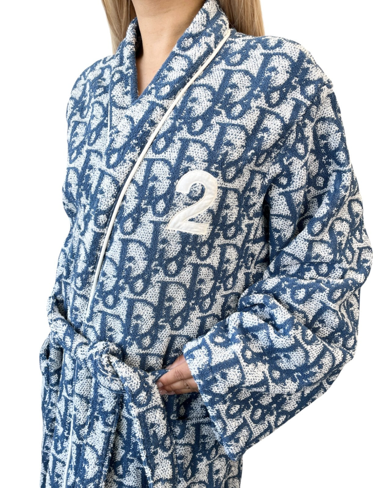 Christian Dior Vintage Trotter Monogram Logo Bathrobe #L Terry Cloth Blue White