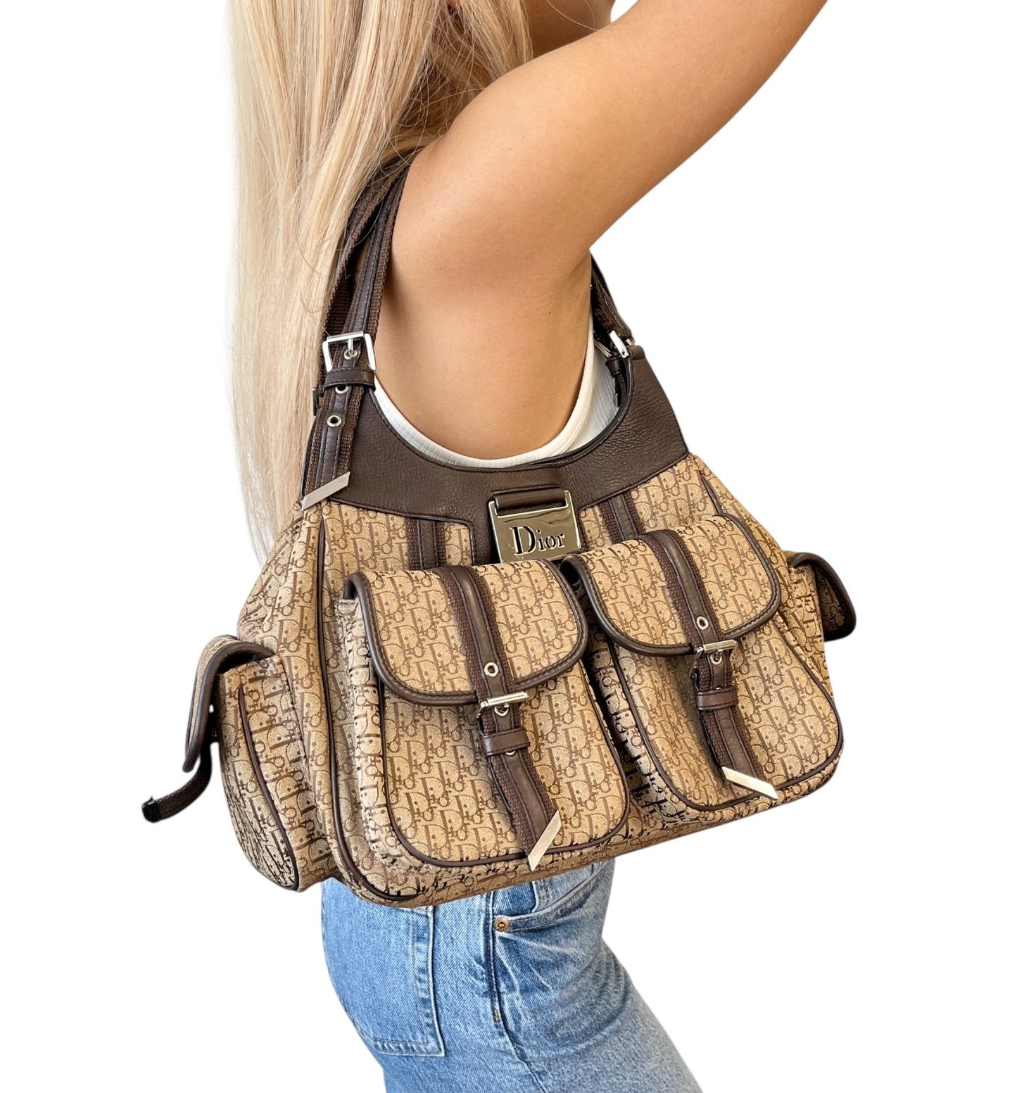 Christian Dior Vintage 2005 Trotter Monogram Street Chic Bag Beige 901899