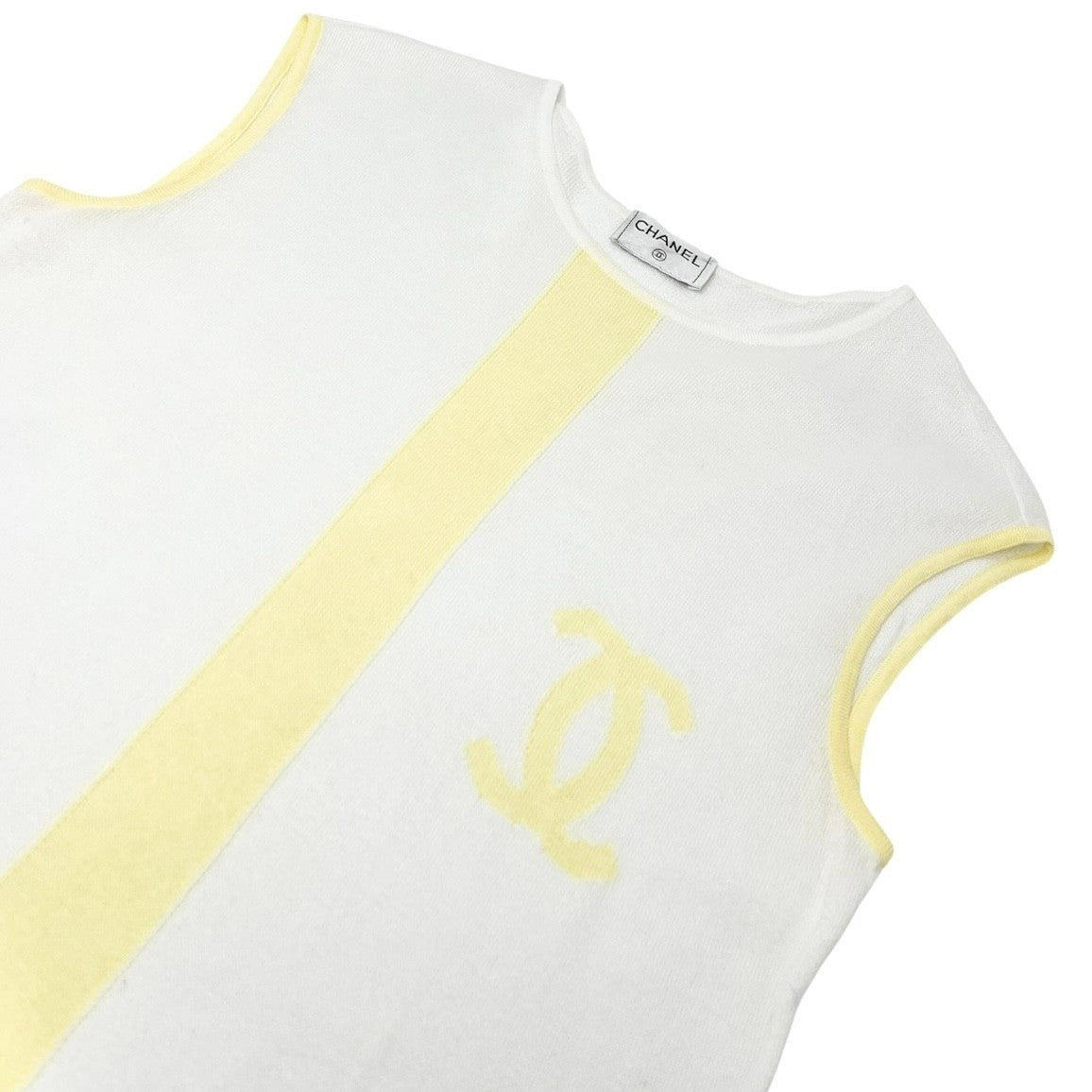 CHANEL Vintage 00S CC Logo Knit Tank Top #42 Sleeveless White Yellow Cotton