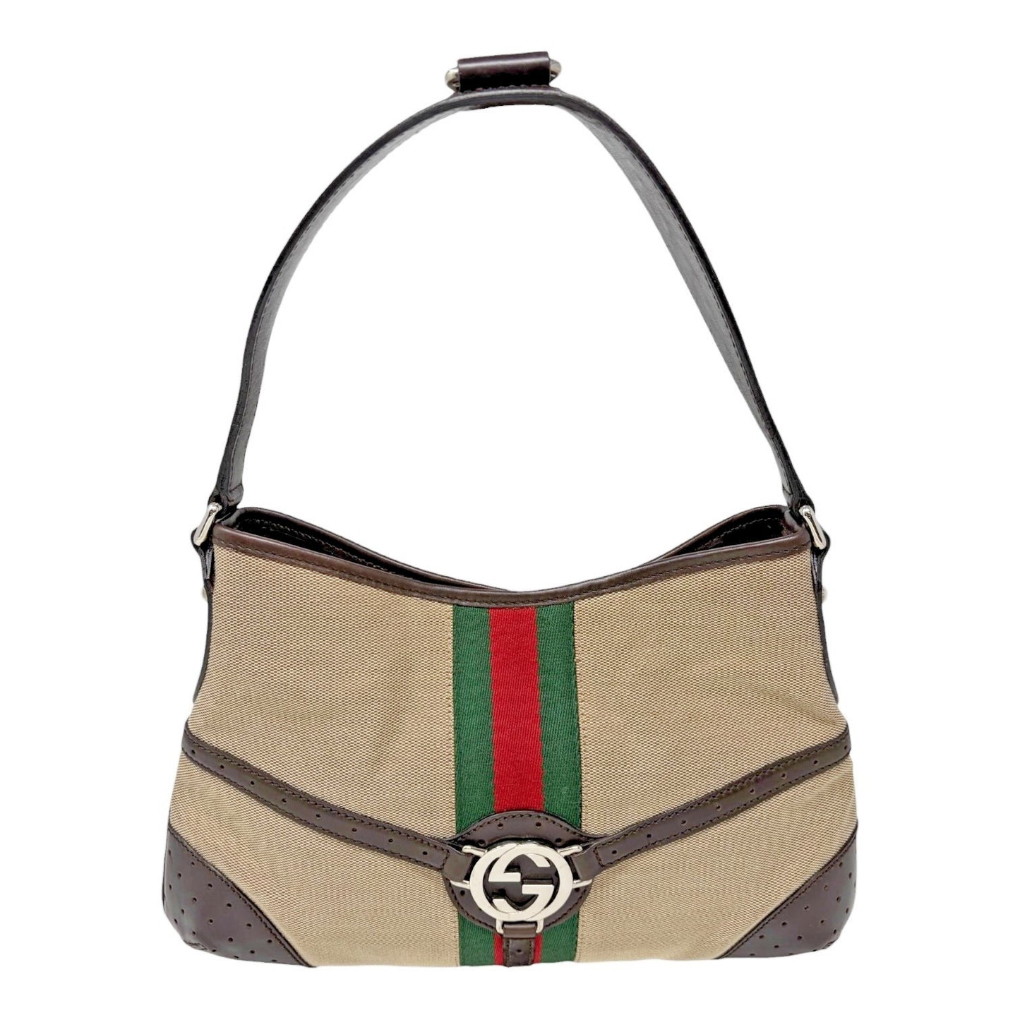 GUCCI Vintage GG Logo Interlocking Web Stripe Canvas Hobo Bag Brown 902209