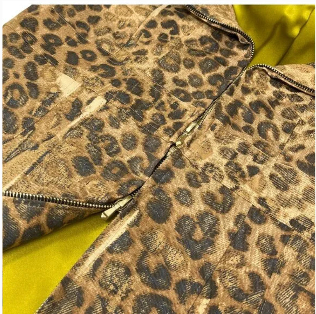 Christian Dior Vintage 2000 Logo Leopard Denim Jacket Coat #38 Brown Cotton