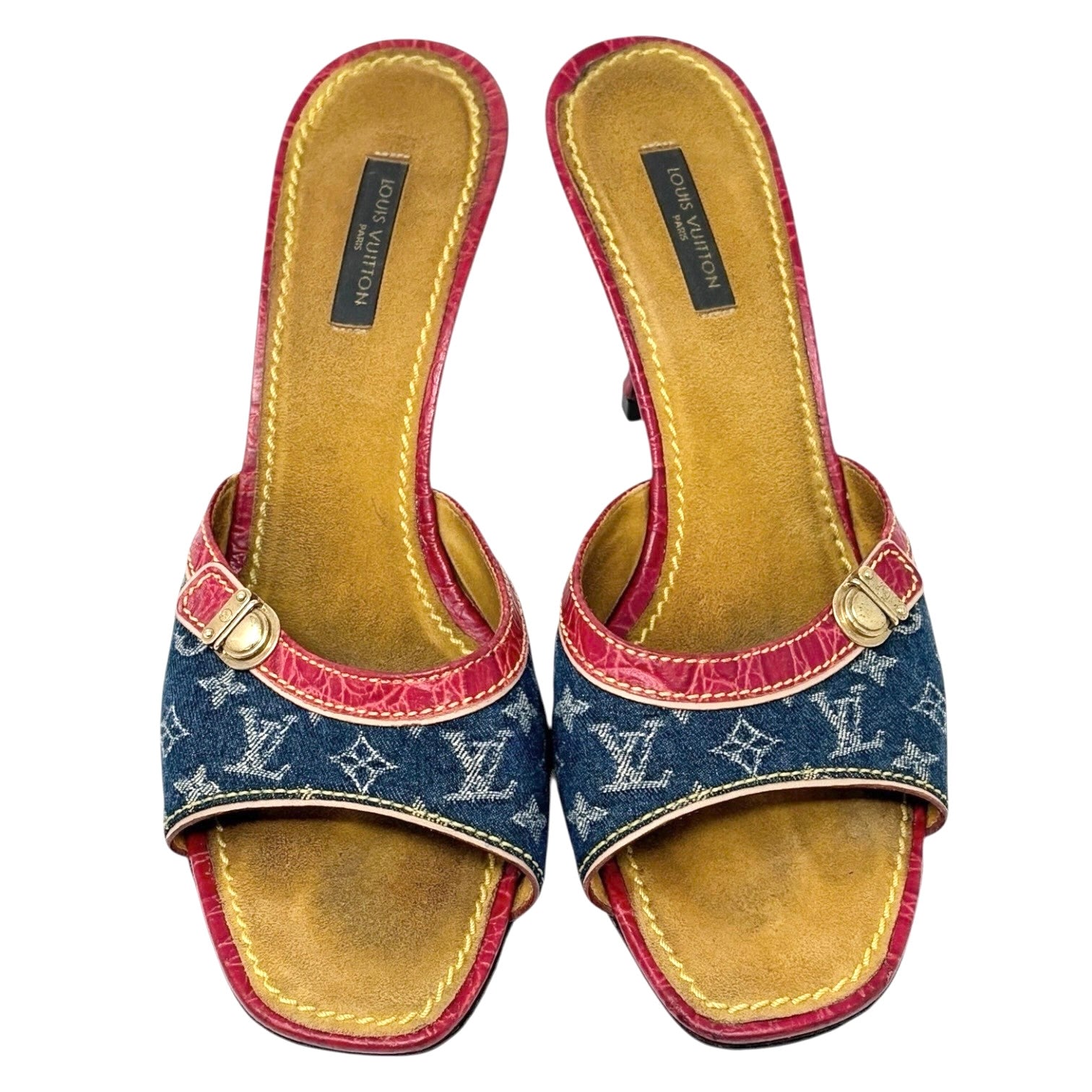 LOUIS VUITTON Vintage Monogram Denim Mule Sandals Heels #39 Blue Red Leather
