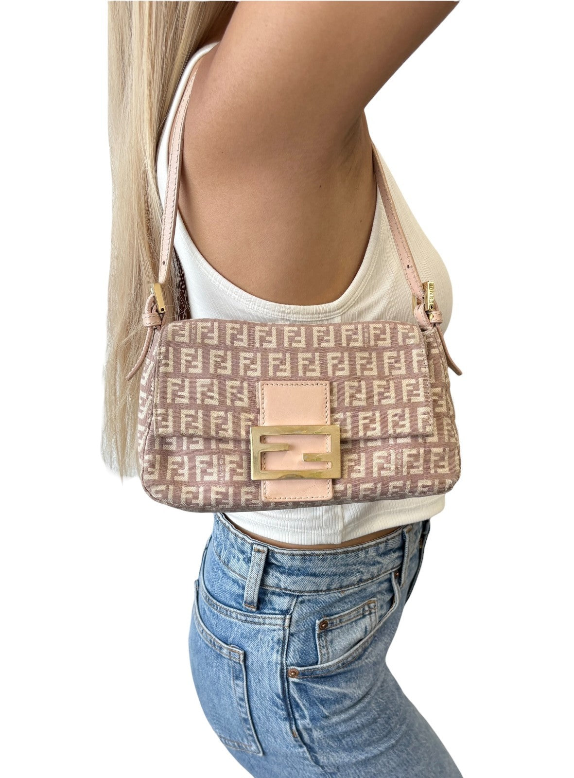 FENDI Vintage Zucchino Mamma Baguette Canvas Shoulder Bag Pink Leather 902589