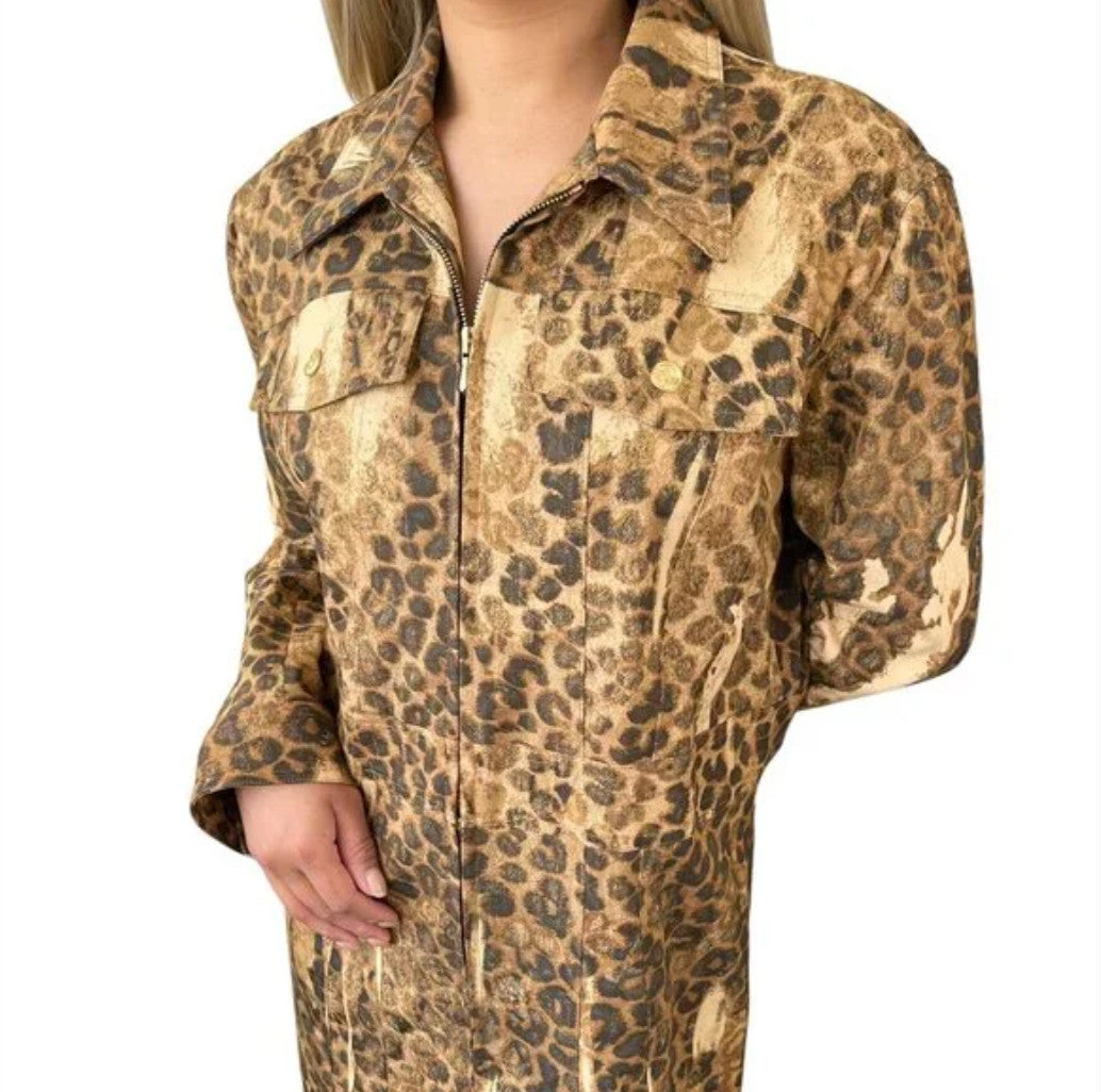 Christian Dior Vintage 2000 Logo Leopard Denim Jacket Coat #38 Brown Cotton