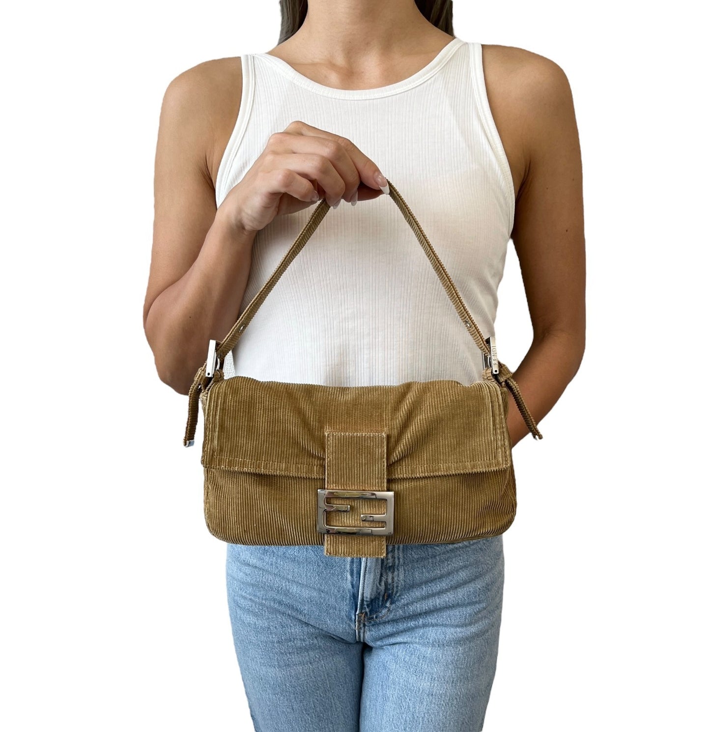 FENDI Vintage FF Logo Mamma Baguette Corduroy Shoulder Bag Beige Silver