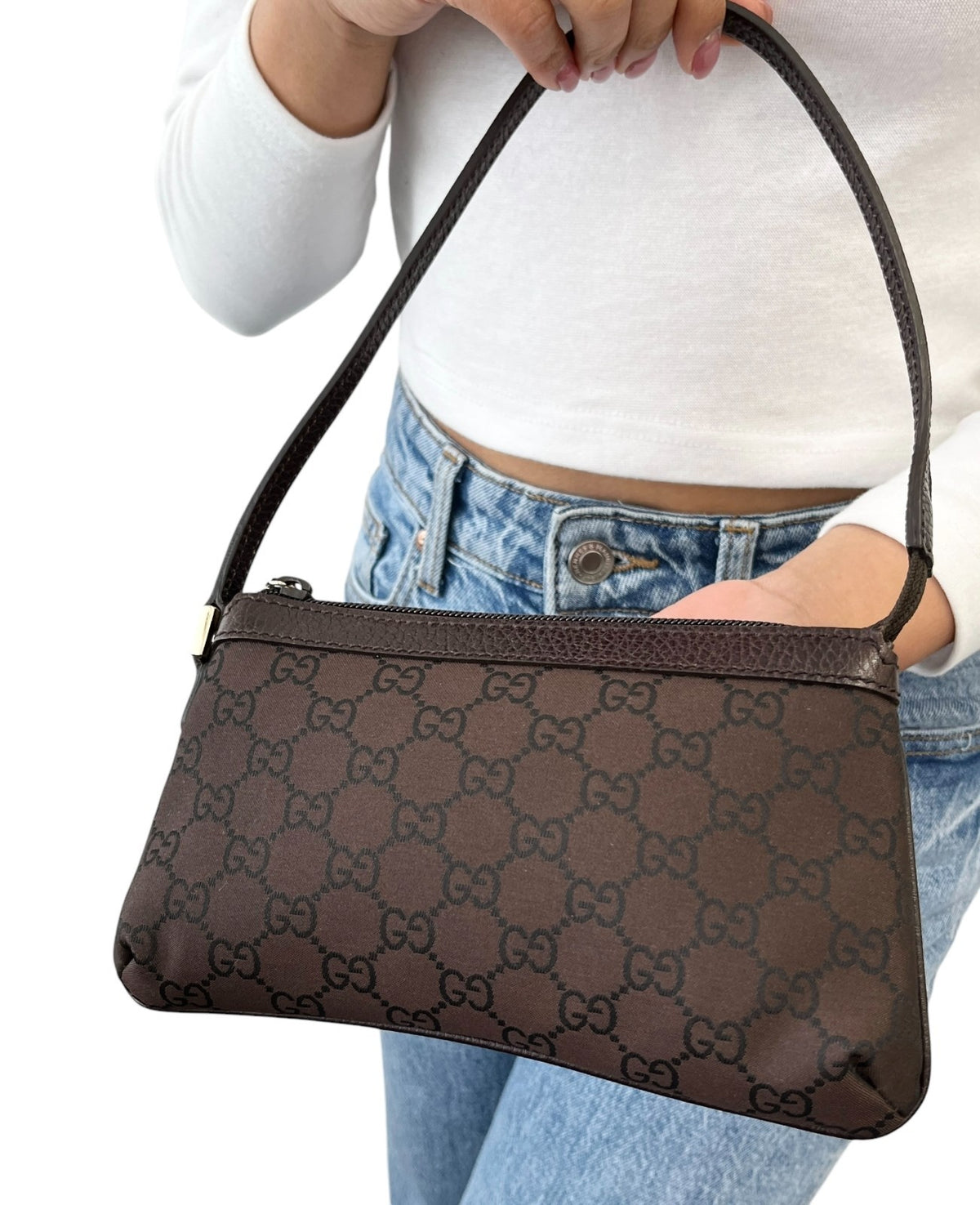 GUCCI Vintage GG Monogram Mini Shoulder Bag Pochette Brown Nylon 902311