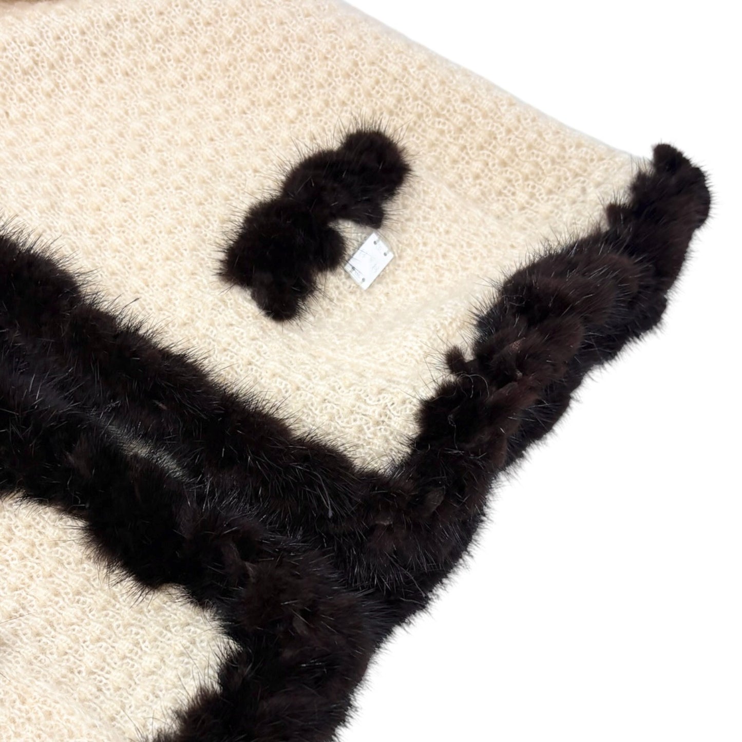 CHANEL Vintage 03A CC Logo Fur Trim Knit Cardigan #42 Cream Brown Mohair 901978