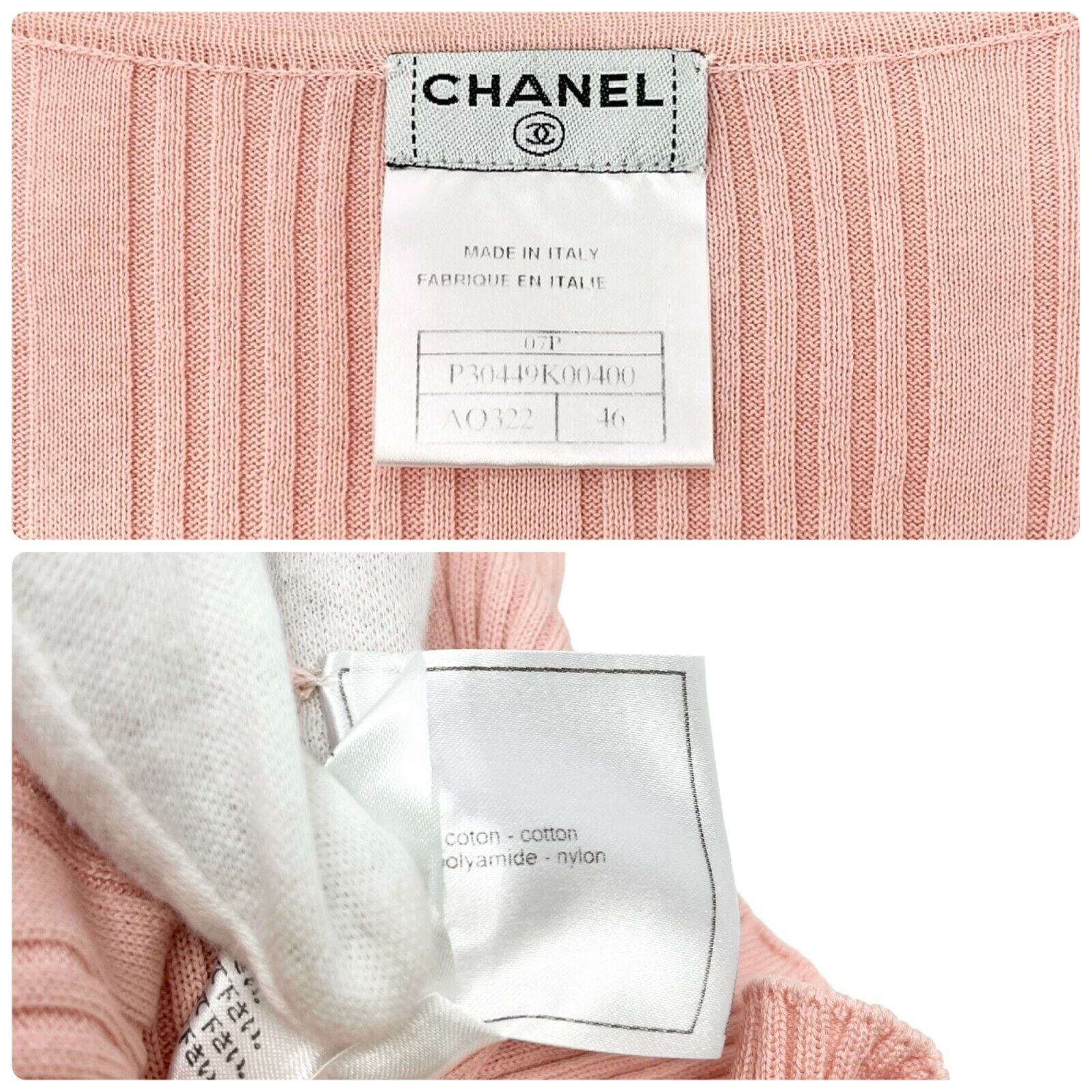 CHANEL Vintage 07P CC Logo Rib Knit Top #46 T-shirt Pink Gold Cotton Rank AB