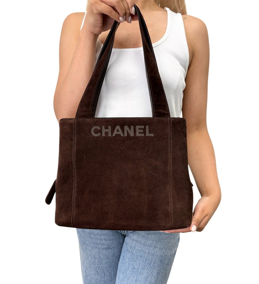 CHANEL Vintage Stitch CC Logo Suede Tote Shoulder Bag Brown Zip 902303